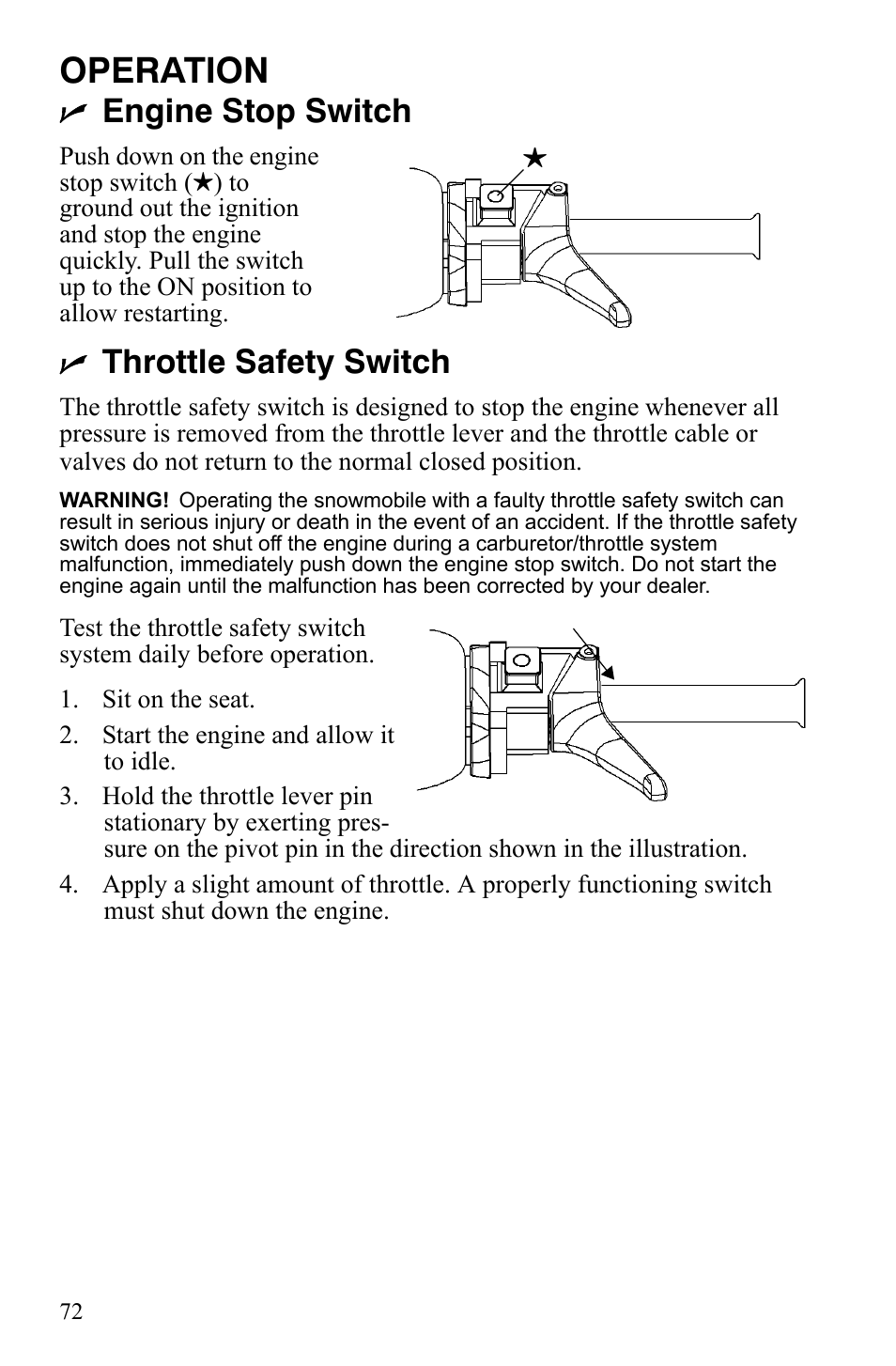 Operation, Engine stop switch, Throttle safety switch | Polaris 600 LX User Manual | Page 75 / 141