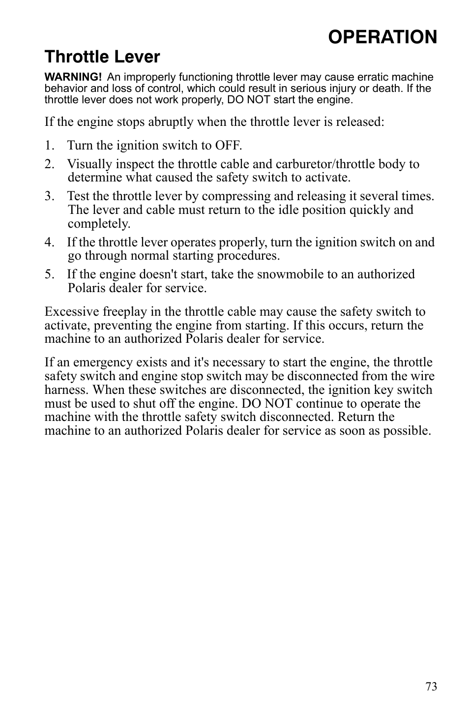 Operation, Throttle lever | Polaris 600 LX User Manual | Page 76 / 141