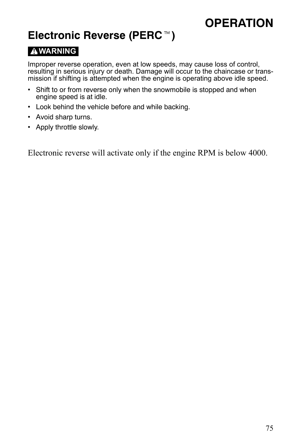 Operation, Electronic reverse (perc t ) | Polaris 600 LX User Manual | Page 78 / 141