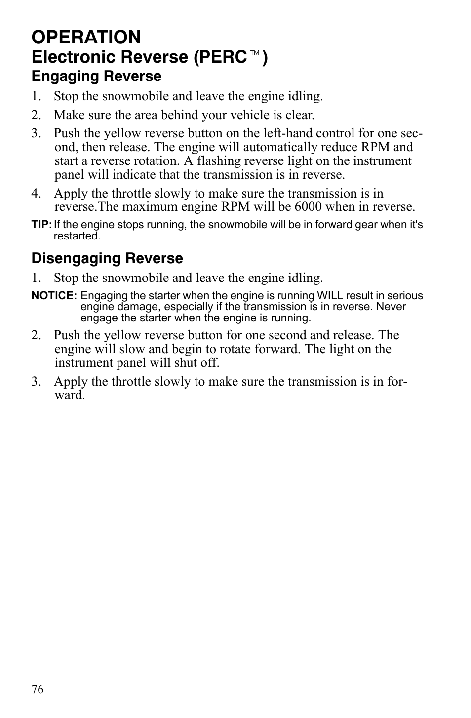 Operation, Electronic reverse (perc t ) | Polaris 600 LX User Manual | Page 79 / 141