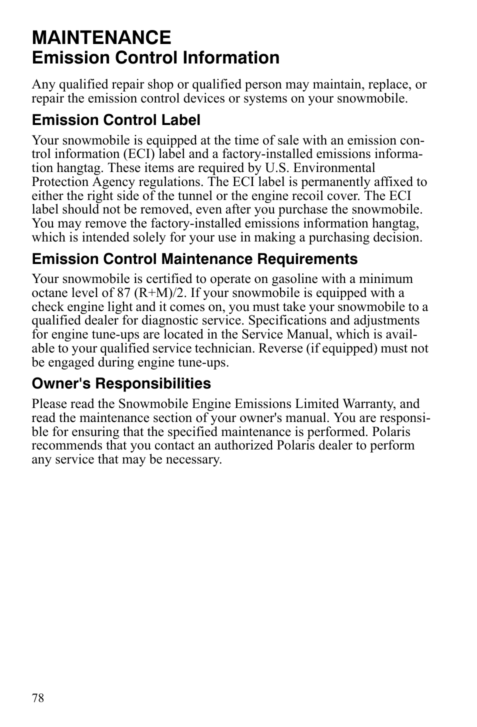 Maintenance, Emission control information | Polaris 600 LX User Manual | Page 81 / 141