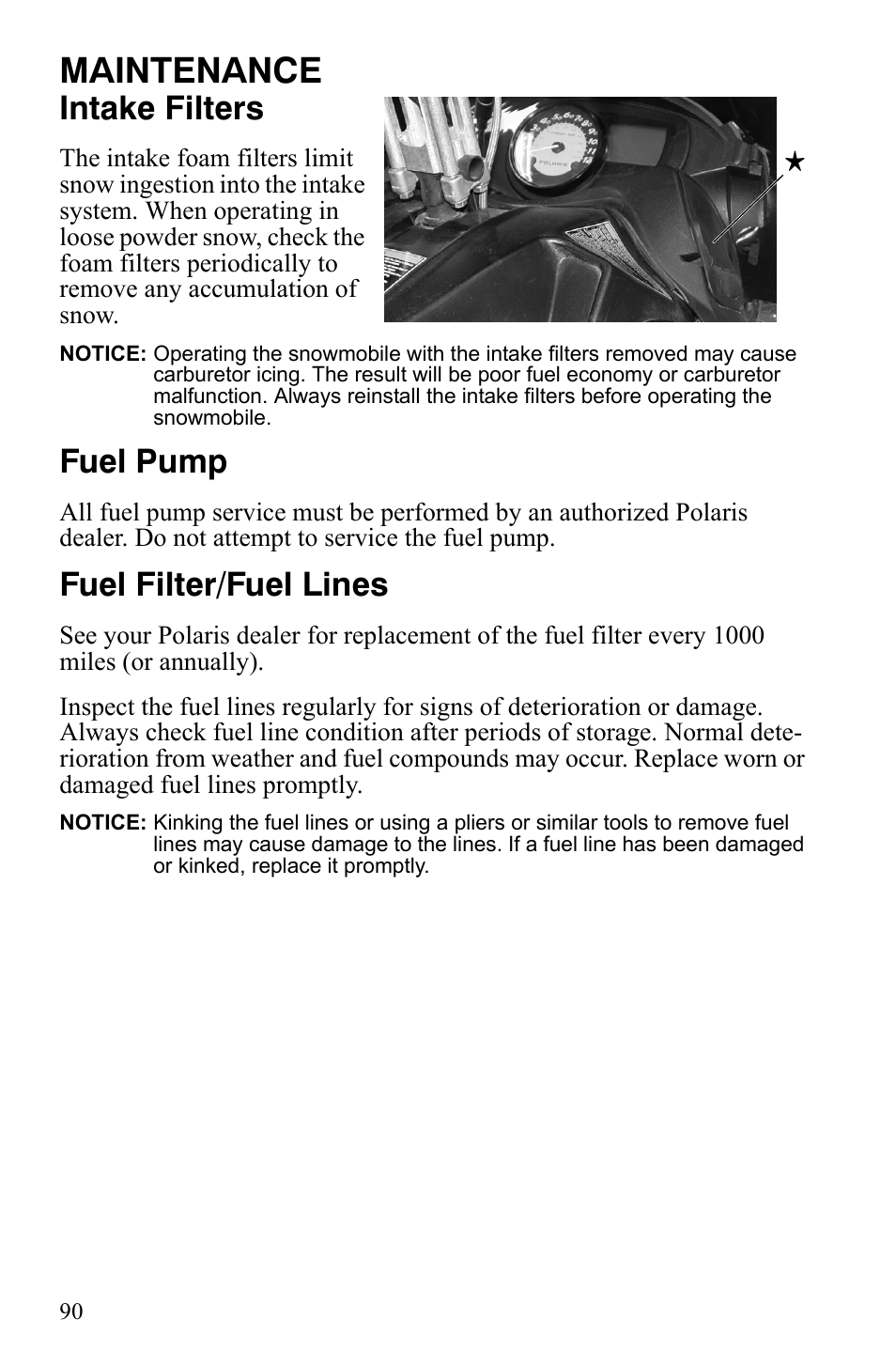 Maintenance, Intake filters, Fuel pump | Fuel filter/fuel lines | Polaris 600 LX User Manual | Page 93 / 141