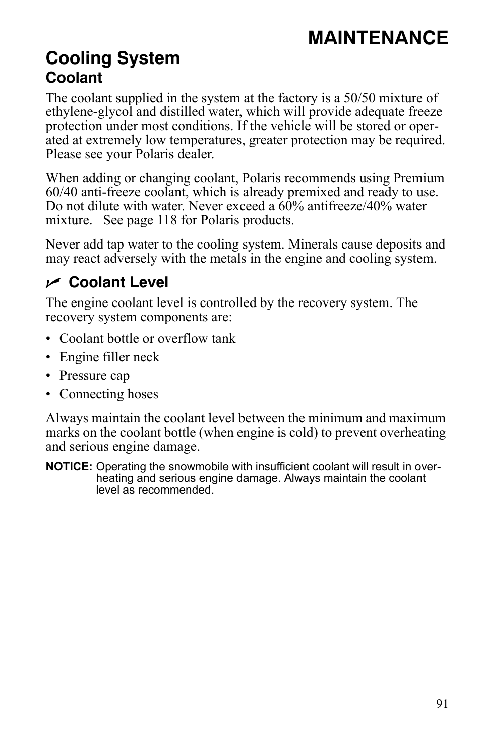 Maintenance, Cooling system | Polaris 600 LX User Manual | Page 94 / 141