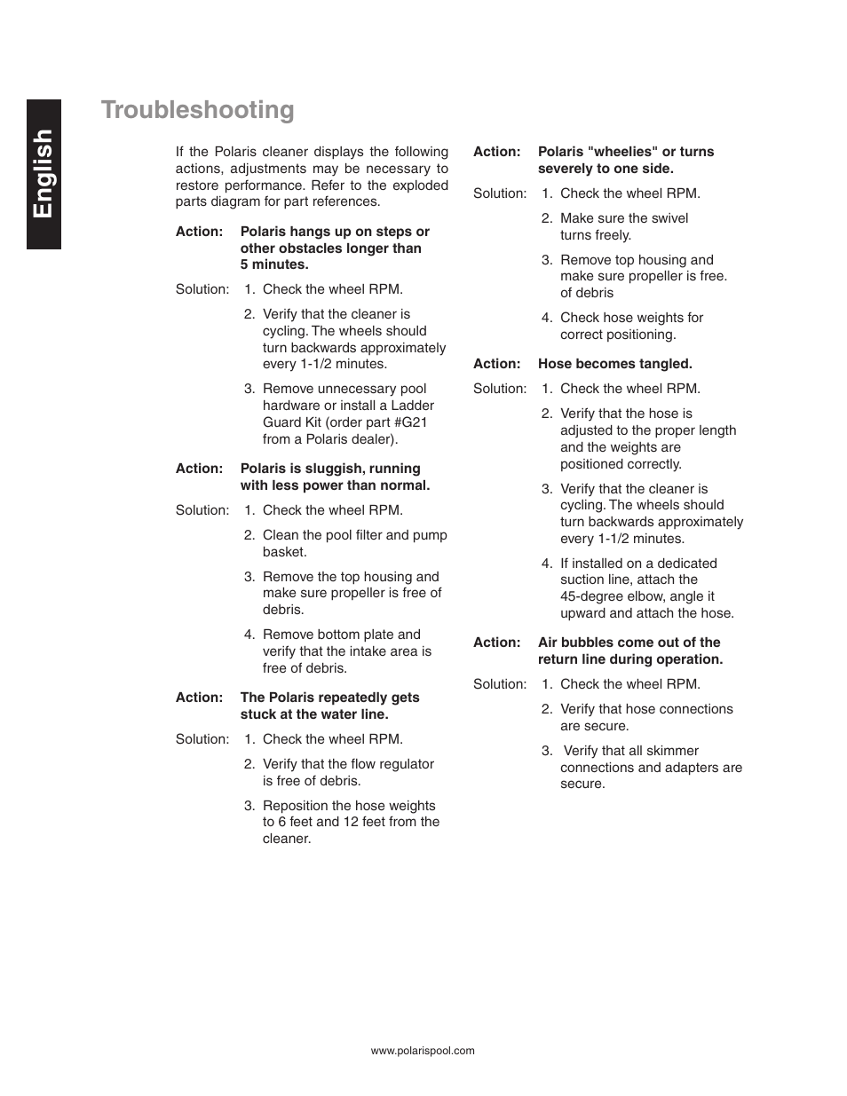 Troubleshooting, Troubleshooting english | Polaris 340 User Manual | Page 10 / 64