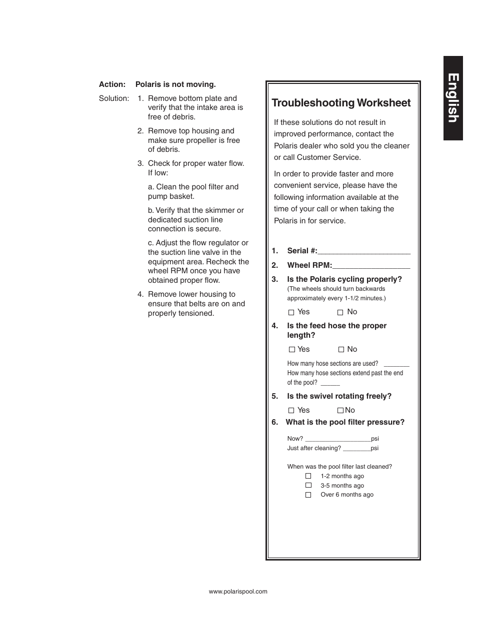 English, Troubleshooting worksheet | Polaris 340 User Manual | Page 11 / 64