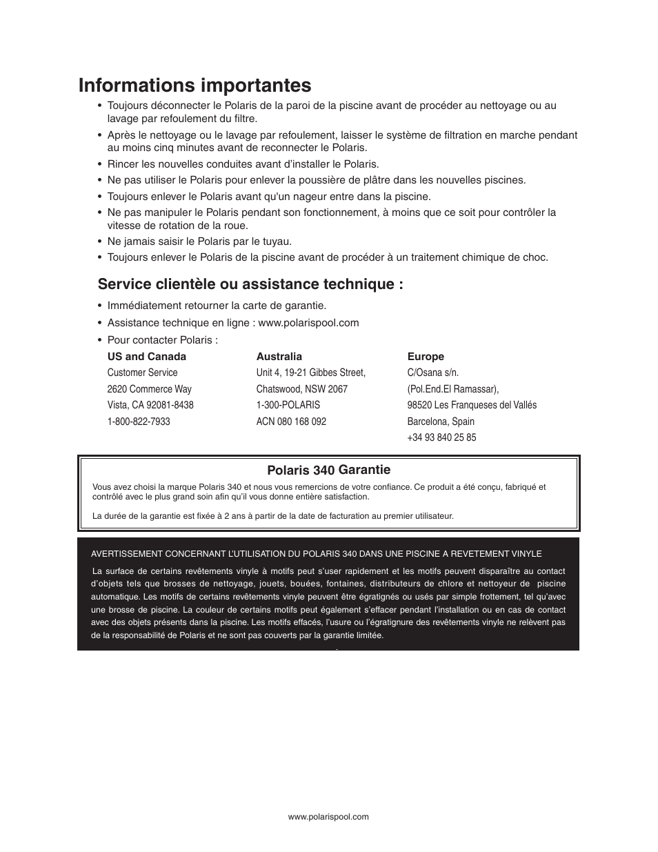 Informations importantes, Service clientèle ou assistance technique | Polaris 340 User Manual | Page 12 / 64