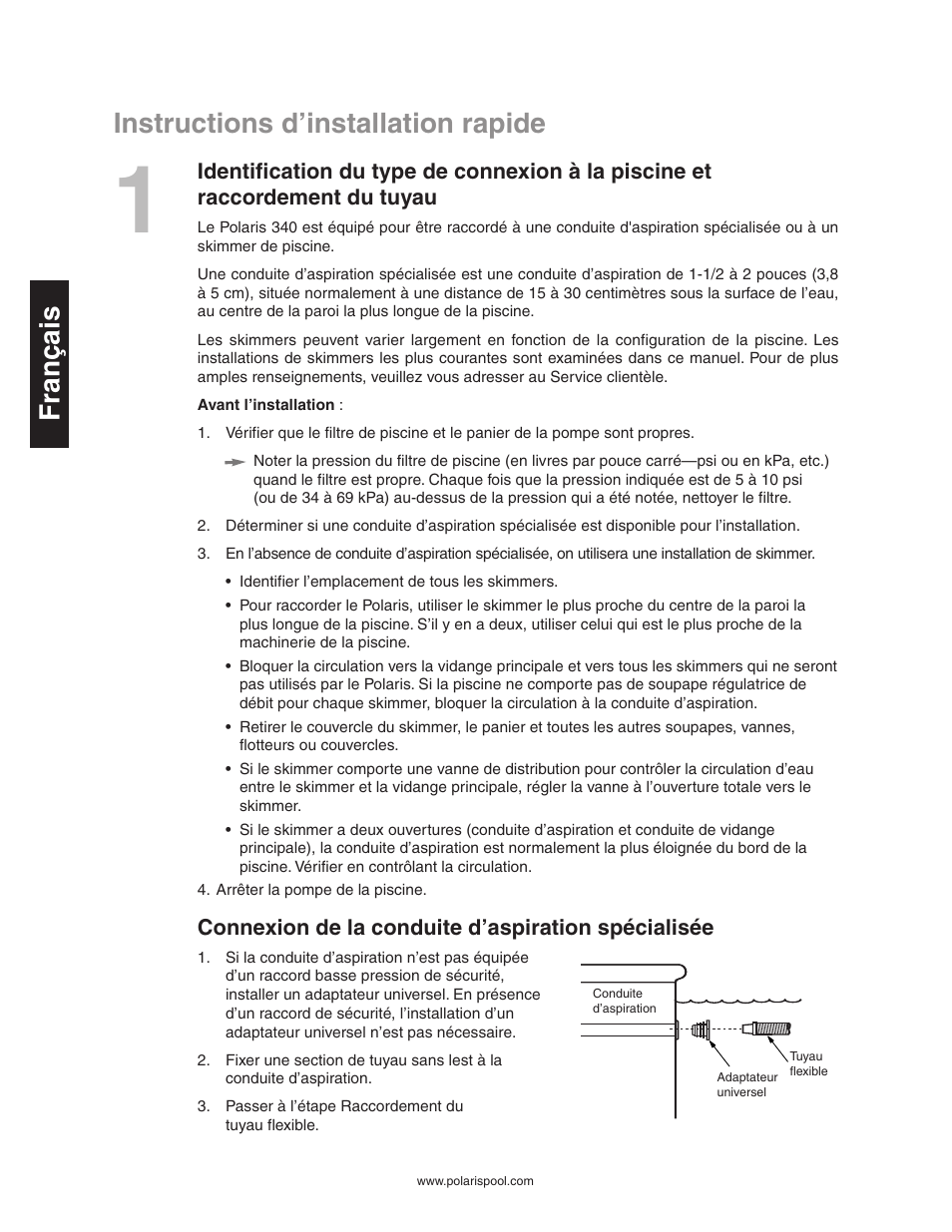 Instructions d’installation rapide, Français, Connexion de la conduite d’aspiration spécialisée | Polaris 340 User Manual | Page 14 / 64