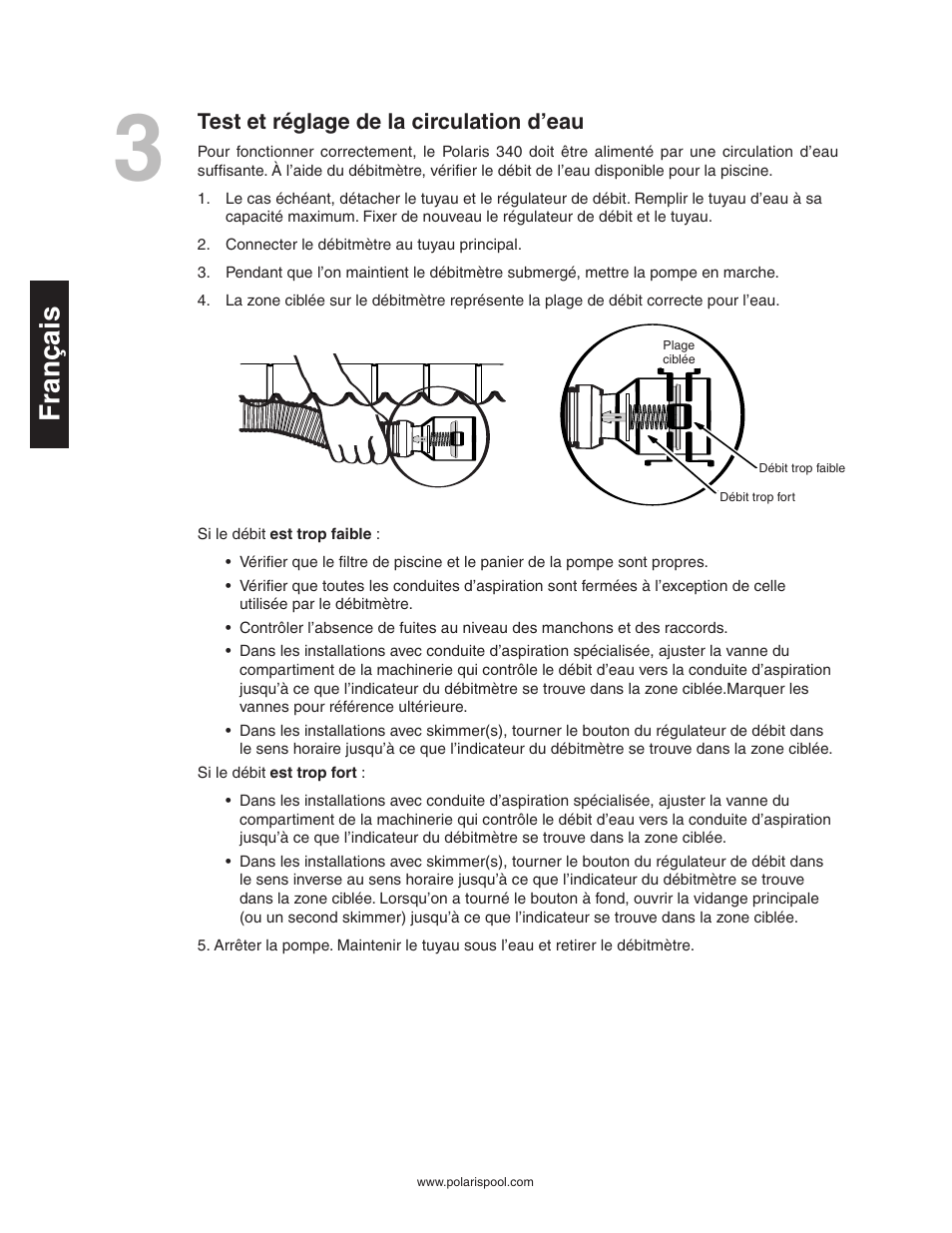 Français, Test et réglage de la circulation d’eau | Polaris 340 User Manual | Page 16 / 64