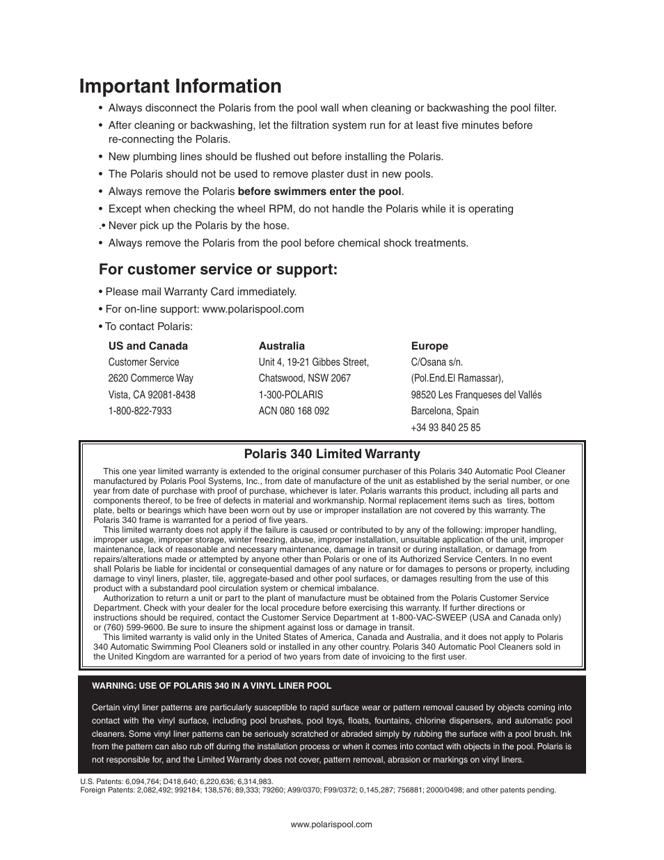 Important information, For customer service or support, Polaris 340 limited warranty | Polaris 340 User Manual | Page 2 / 64