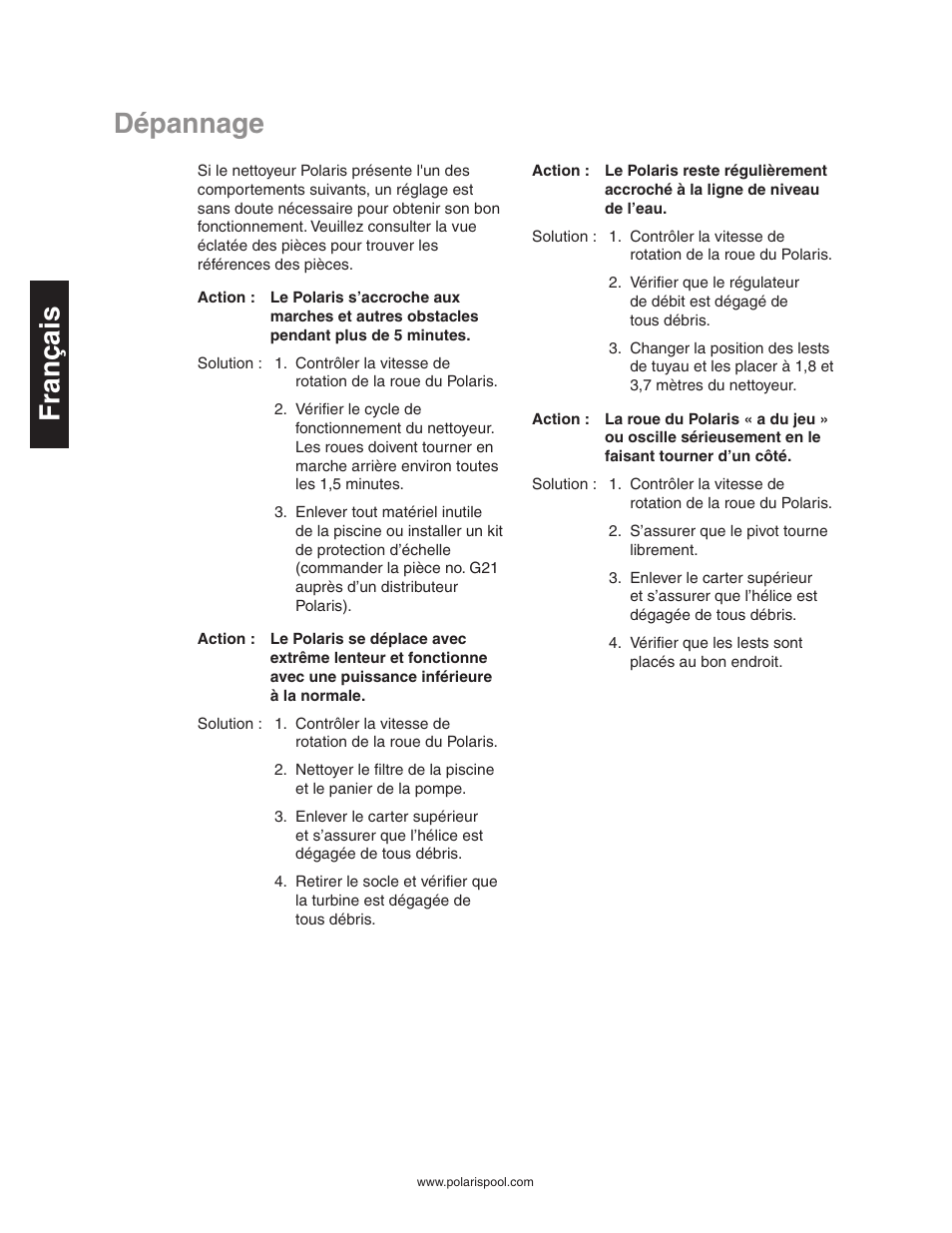 Dépannage, Dépannage français | Polaris 340 User Manual | Page 20 / 64