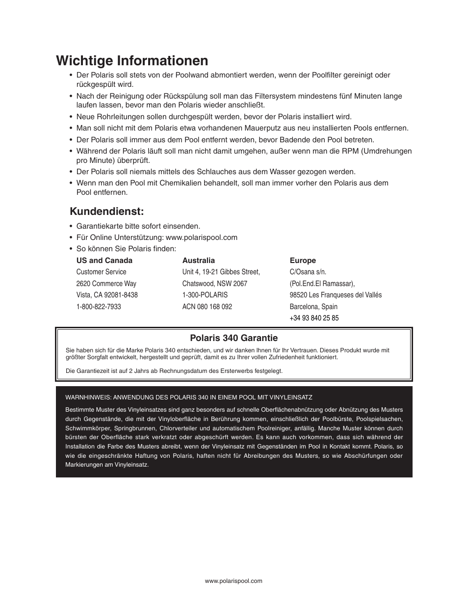 Wichtige informationen, Kundendienst | Polaris 340 User Manual | Page 22 / 64
