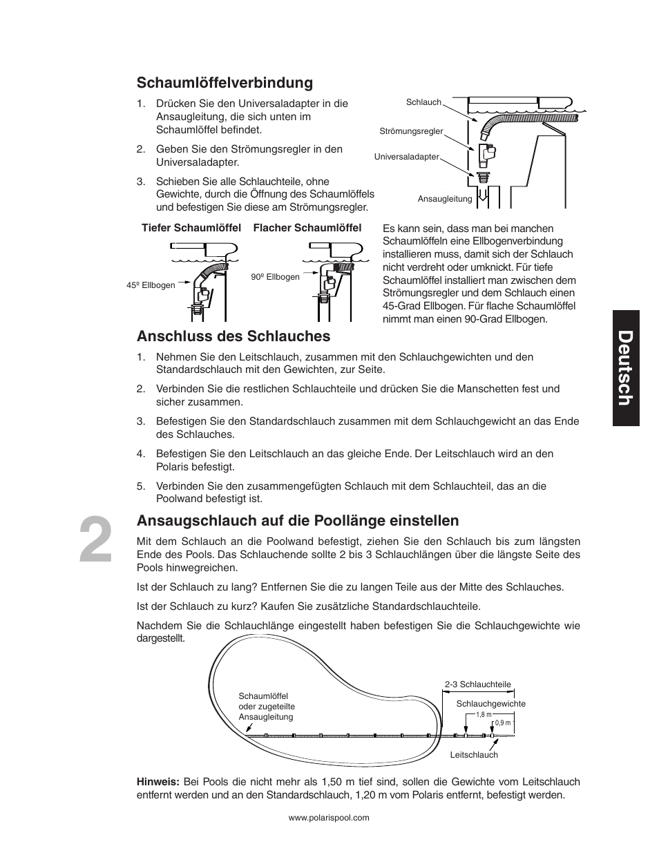 Deutsc h, Schaumlöffelverbindung, Anschluss des schlauches | Ansaugschlauch auf die poollänge einstellen | Polaris 340 User Manual | Page 25 / 64