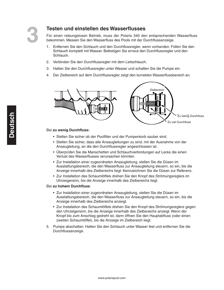 Deutsc h, Testen und einstellen des wasserflusses | Polaris 340 User Manual | Page 26 / 64