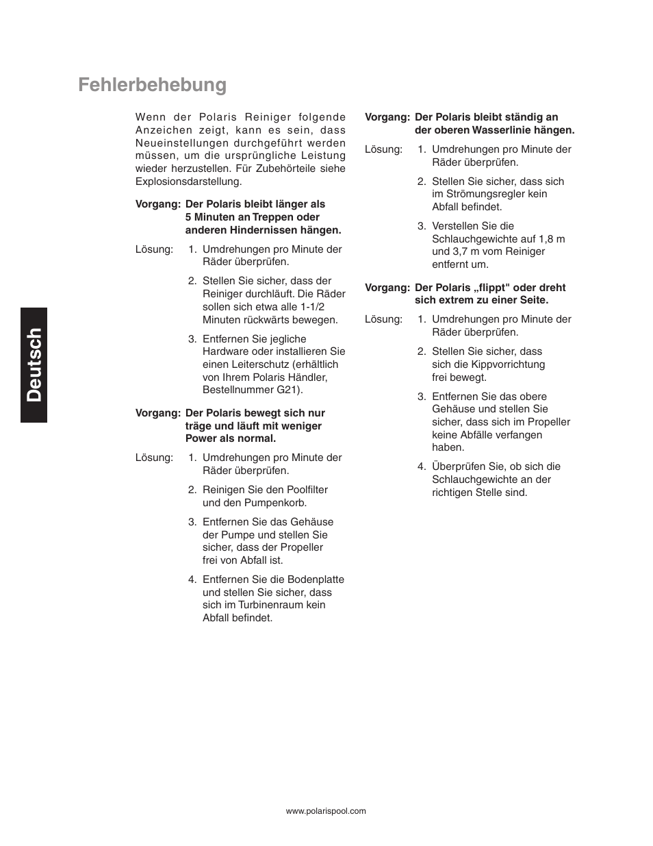 Fehlerbehebung, Fehlerbehebung deutsc h | Polaris 340 User Manual | Page 30 / 64