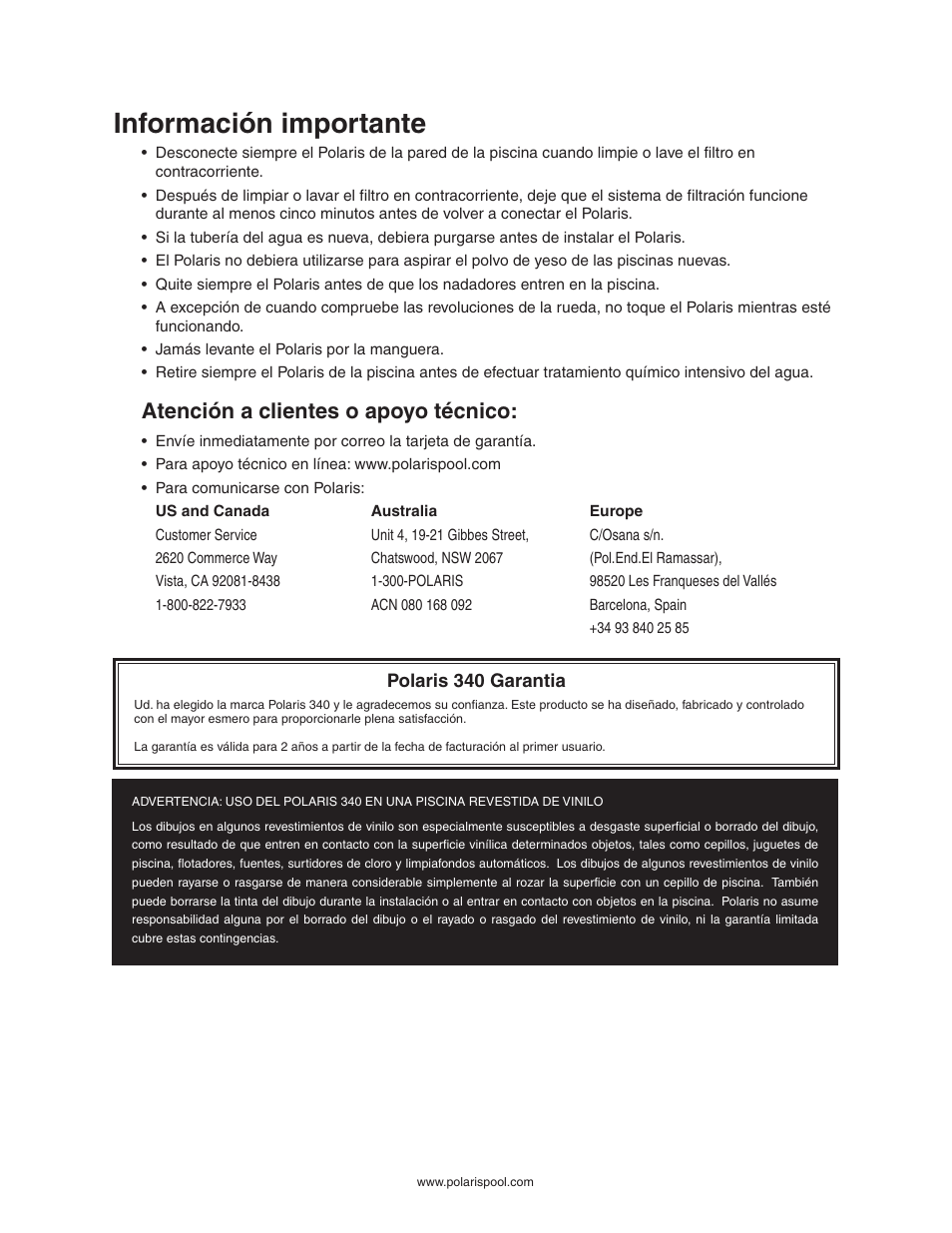 Información importante, Atención a clientes o apoyo técnico | Polaris 340 User Manual | Page 32 / 64