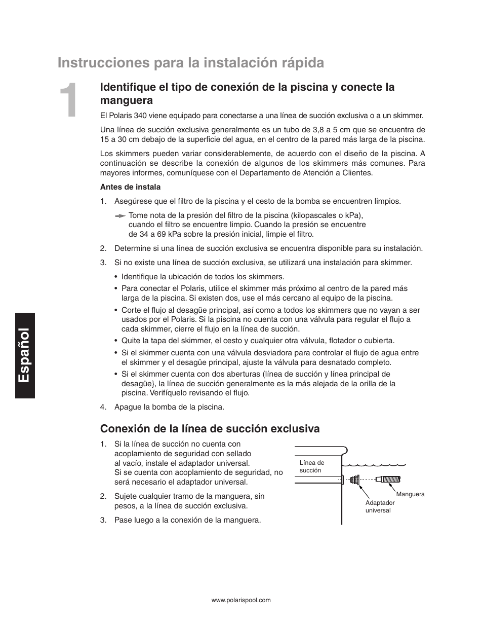 Instrucciones para la instalación rápida, Español, Conexión de la línea de succión exclusiva | Polaris 340 User Manual | Page 34 / 64