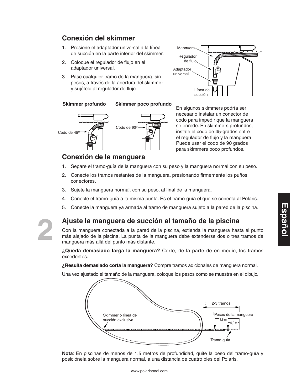Español, Conexión del skimmer, Conexión de la manguera | Polaris 340 User Manual | Page 35 / 64