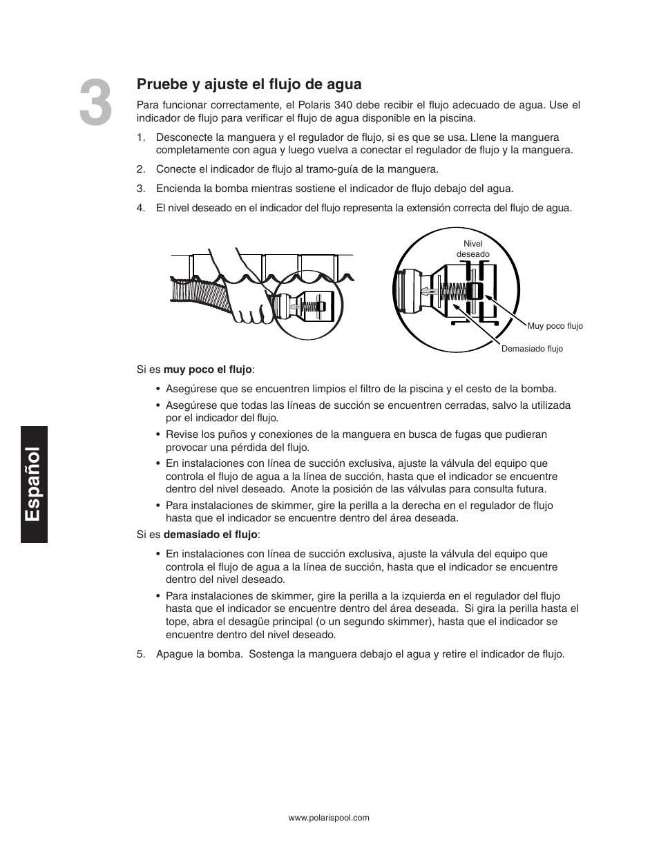 Español, Pruebe y ajuste el flujo de agua | Polaris 340 User Manual | Page 36 / 64