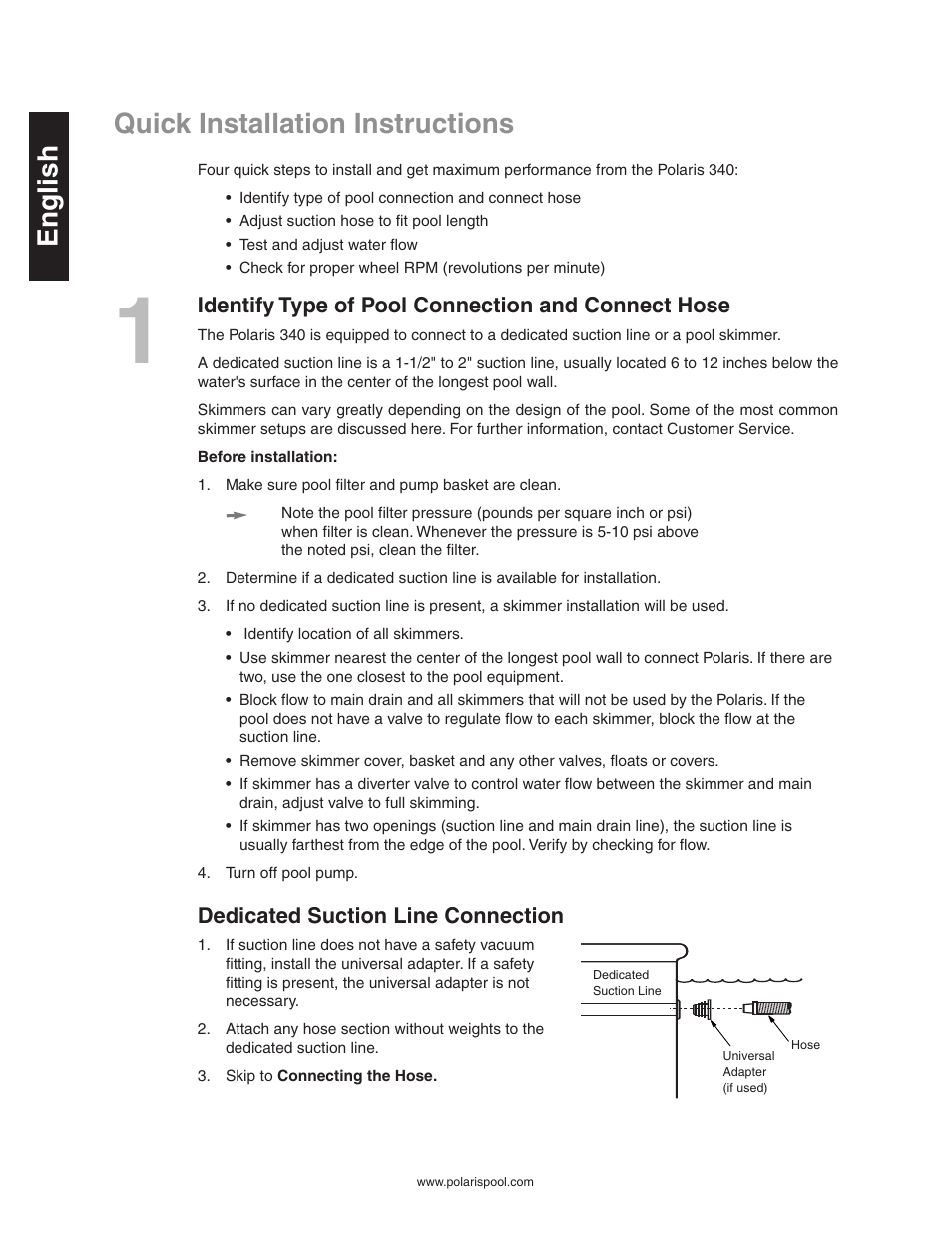Quick installation instructions, English, Identify type of pool connection and connect hose | Dedicated suction line connection | Polaris 340 User Manual | Page 4 / 64