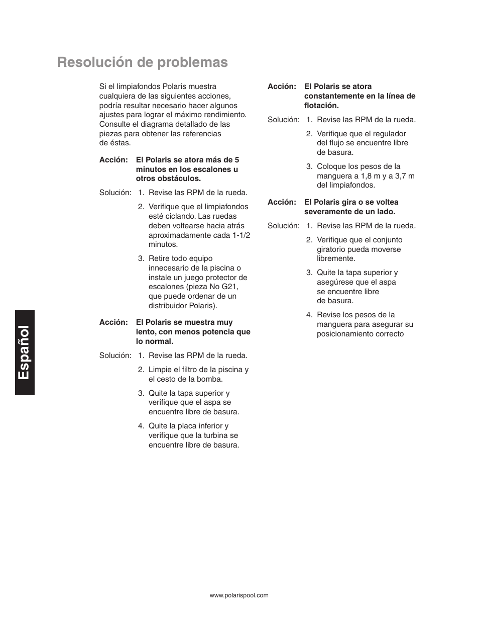 Resolución de problemas, Resolución de problemas español | Polaris 340 User Manual | Page 40 / 64