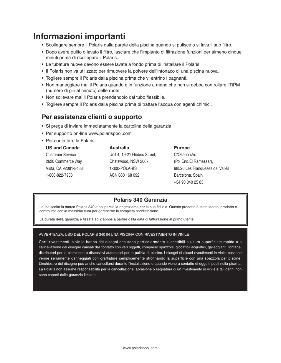 Informazioni importanti, Per assistenza clienti o supporto | Polaris 340 User Manual | Page 42 / 64