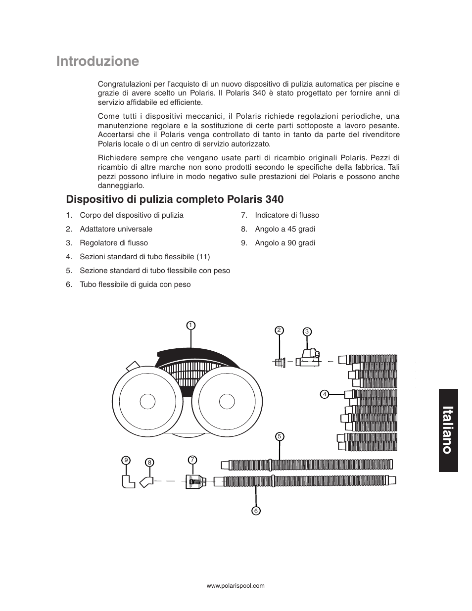 Italiano, Introduzione, Dispositivo di pulizia completo polaris 340 | Polaris 340 User Manual | Page 43 / 64