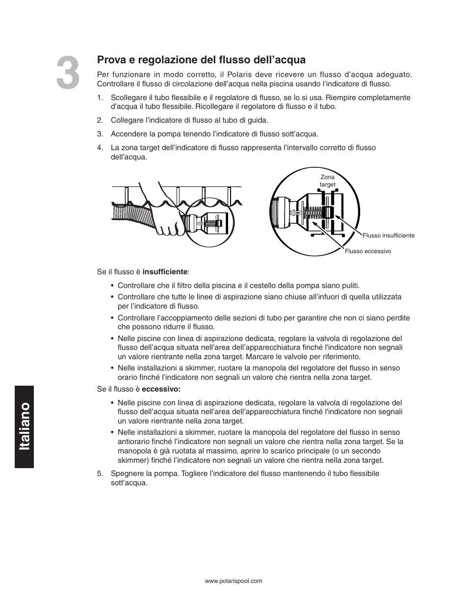 Italiano, Prova e regolazione del flusso dell’acqua | Polaris 340 User Manual | Page 46 / 64