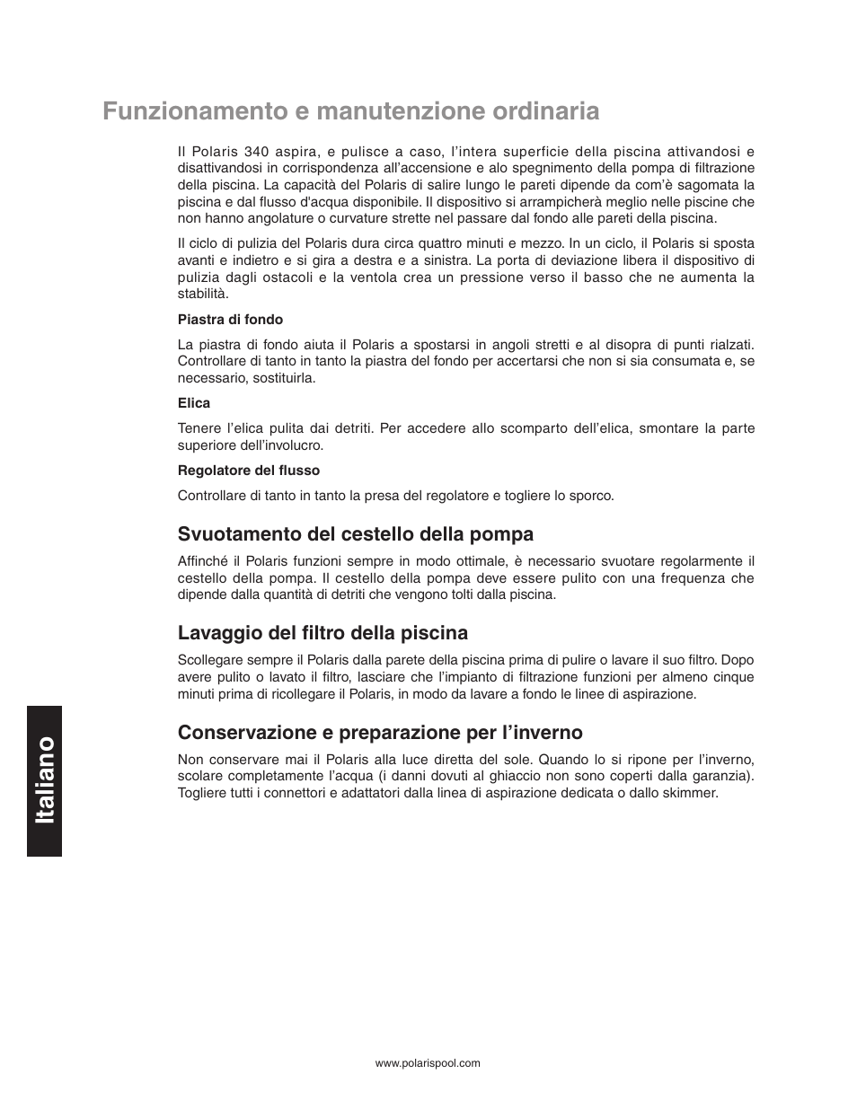 Funzionamento e manutenzione ordinaria, Funzionamento e manutenzione ordinaria italiano, Svuotamento del cestello della pompa | Lavaggio del filtro della piscina, Conservazione e preparazione per l’inverno | Polaris 340 User Manual | Page 48 / 64