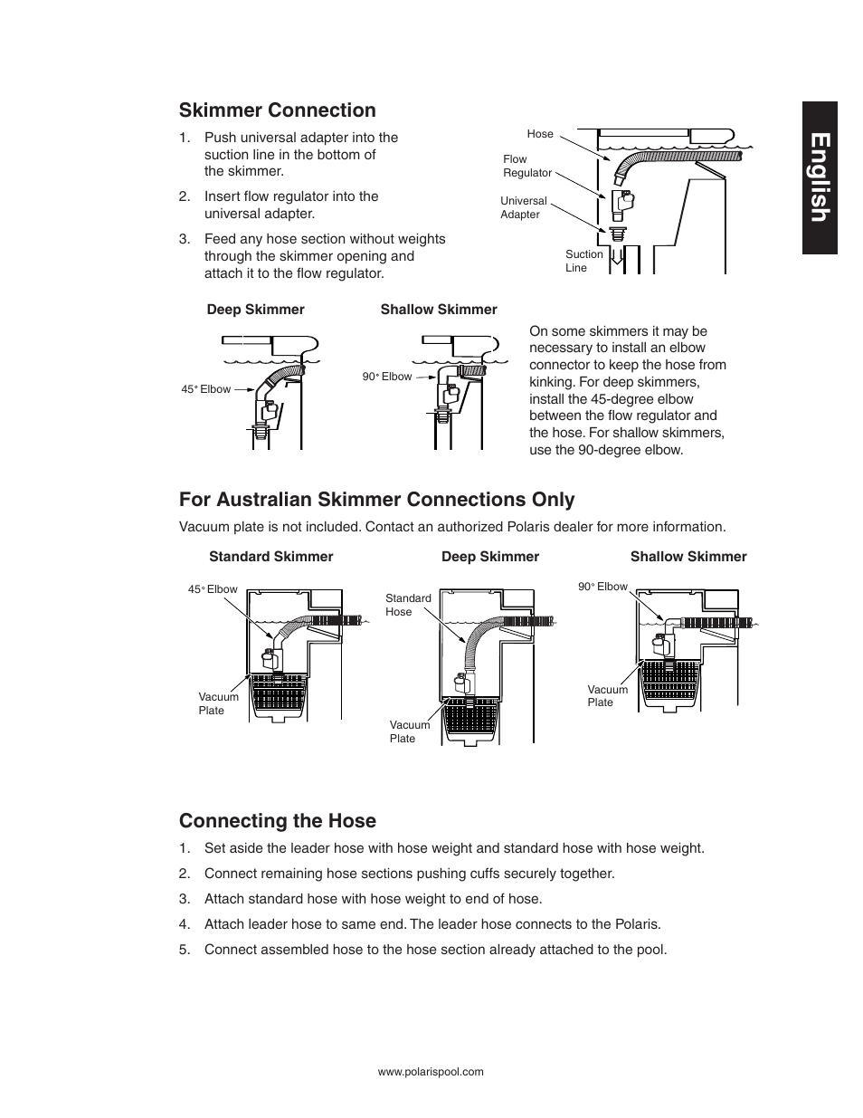 English, Skimmer connection, For australian skimmer connections only | Connecting the hose | Polaris 340 User Manual | Page 5 / 64