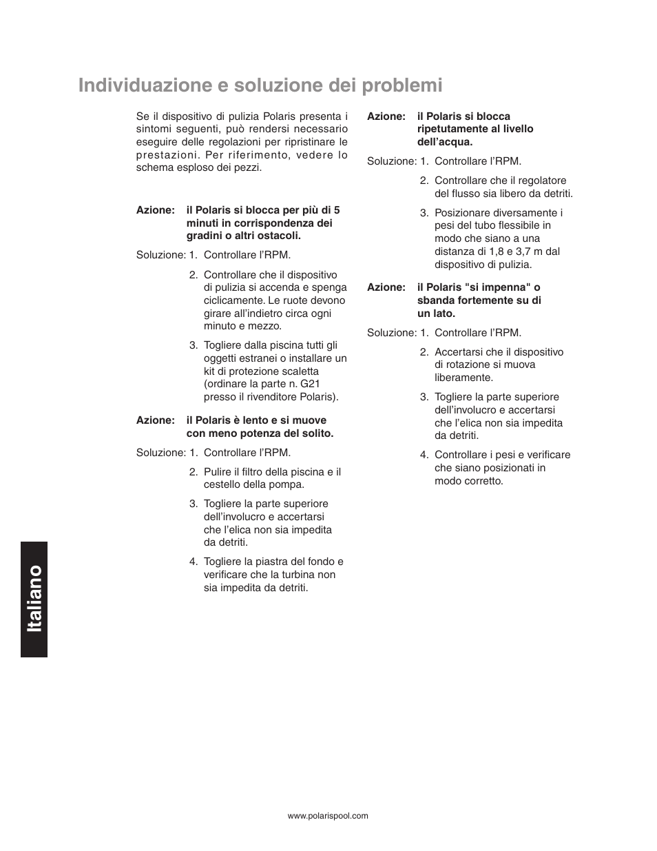 Individuazione e soluzione dei problemi, Individuazione e soluzione dei problemi italiano | Polaris 340 User Manual | Page 50 / 64