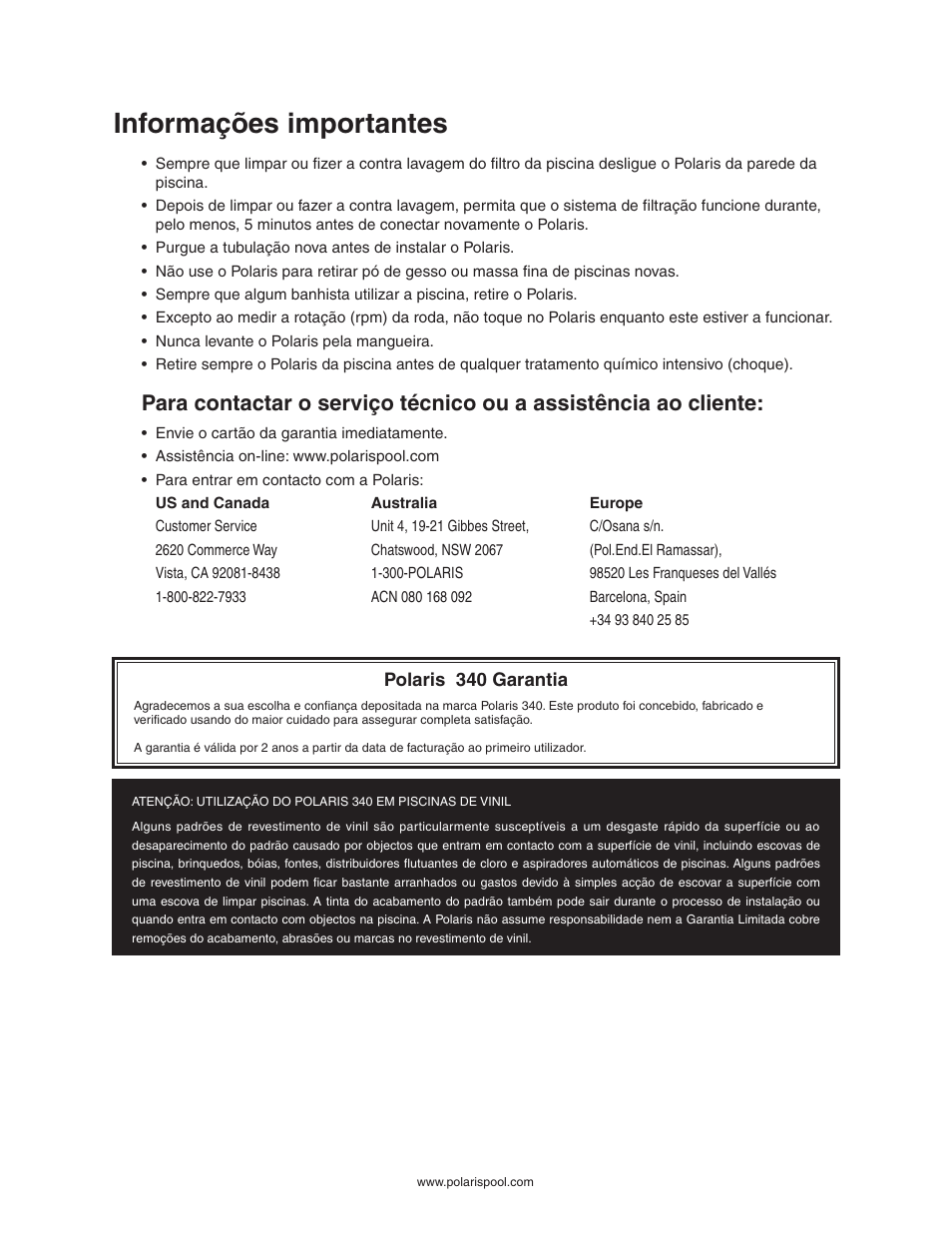 Informações importantes | Polaris 340 User Manual | Page 52 / 64