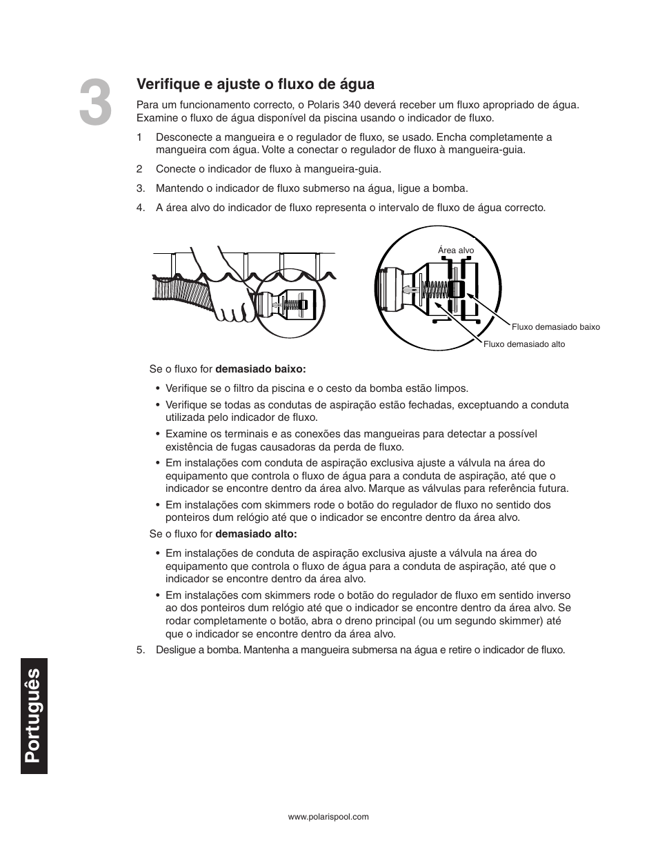 Por tuguês, Verifique e ajuste o fluxo de água | Polaris 340 User Manual | Page 56 / 64
