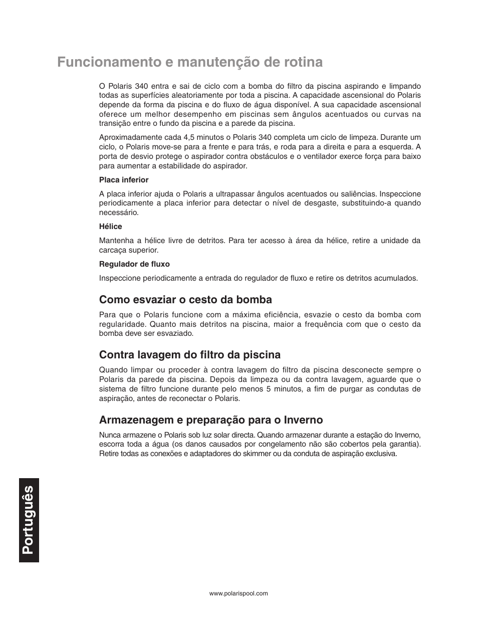 Funcionamento e manutenção de rotina, Por tuguês funcionamento e manutenção de rotina | Polaris 340 User Manual | Page 58 / 64