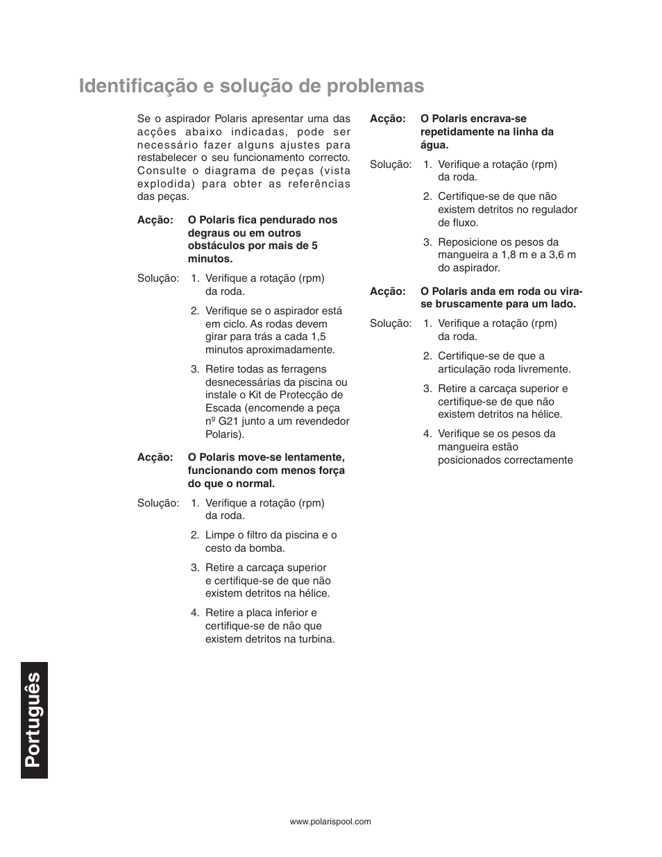 Identificação e solução de problemas, Identificação e solução de problemas p or tuguês | Polaris 340 User Manual | Page 60 / 64
