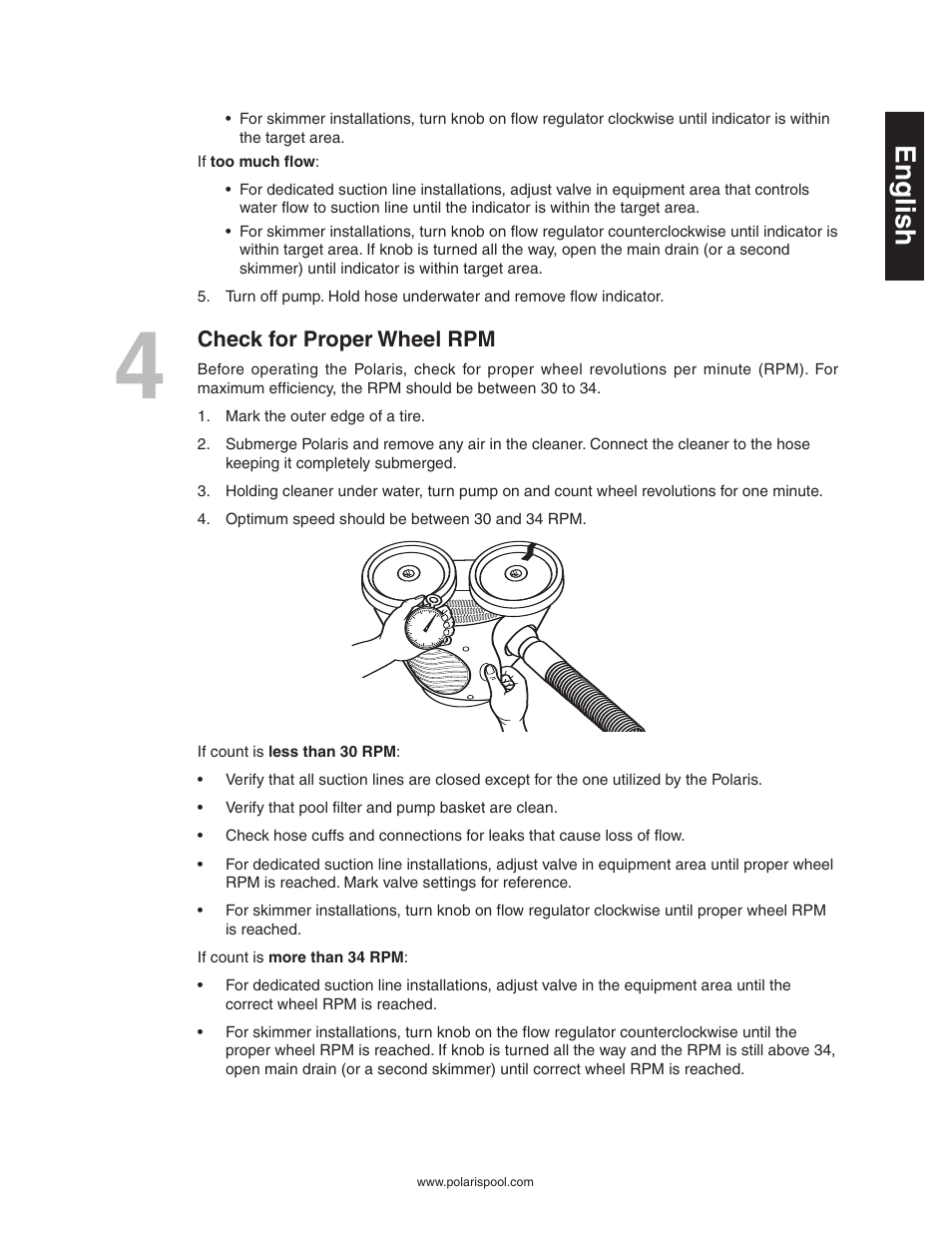English, Check for proper wheel rpm | Polaris 340 User Manual | Page 7 / 64