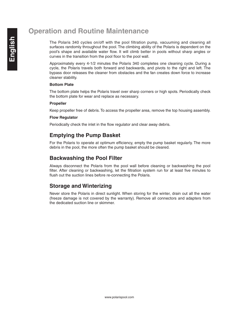 Operation and routine maintenance, Operation and routine maintenance english, Emptying the pump basket | Backwashing the pool filter, Storage and winterizing | Polaris 340 User Manual | Page 8 / 64