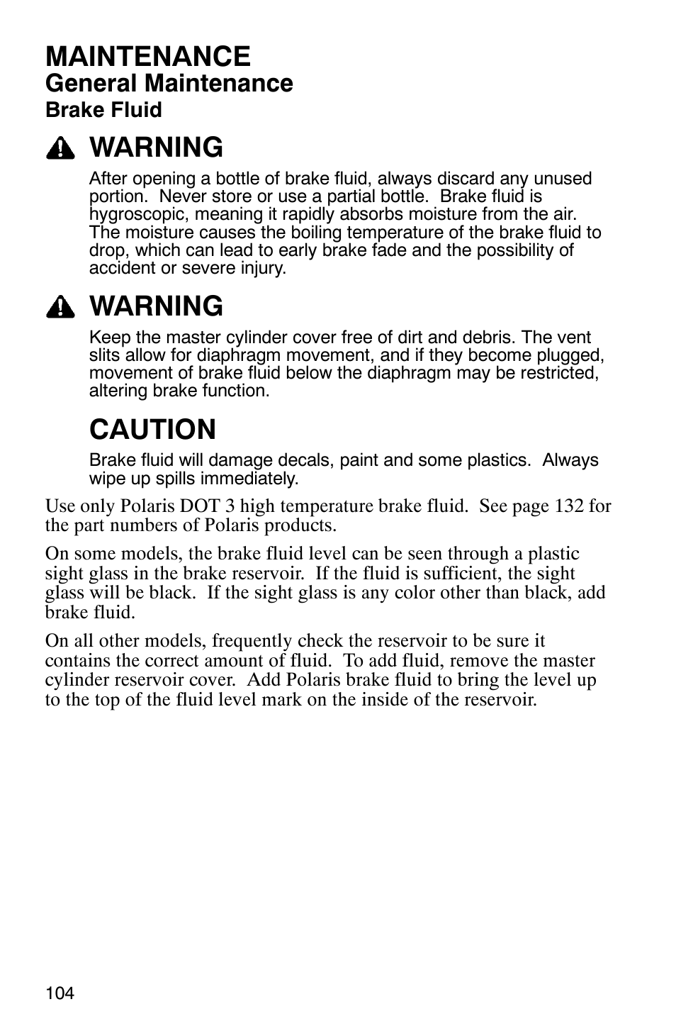 Maintenance, Warning, Caution | General maintenance | Polaris 9919078 User Manual | Page 107 / 150
