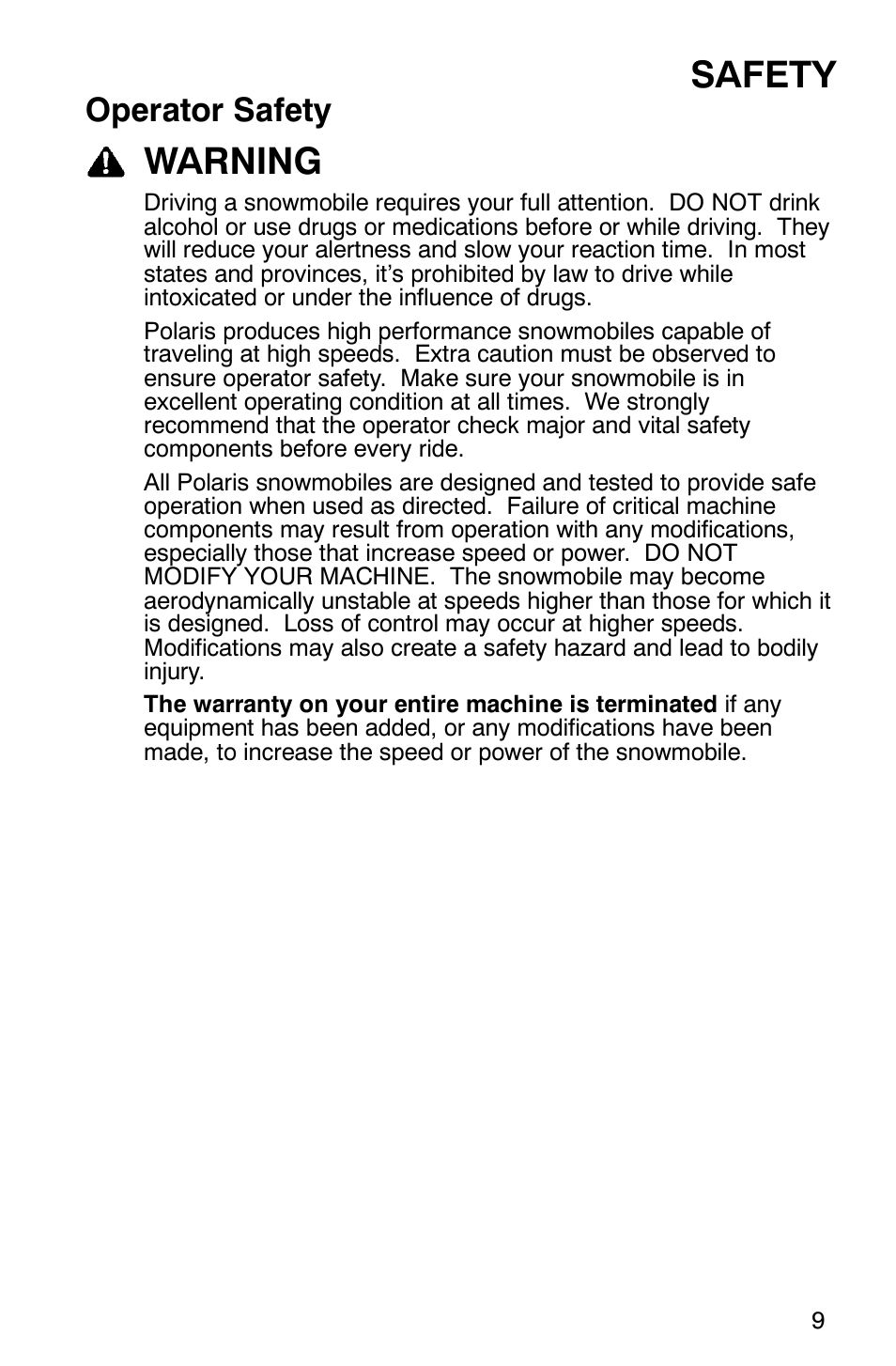 Safety, Warning, Operator safety | Polaris 9919078 User Manual | Page 12 / 150