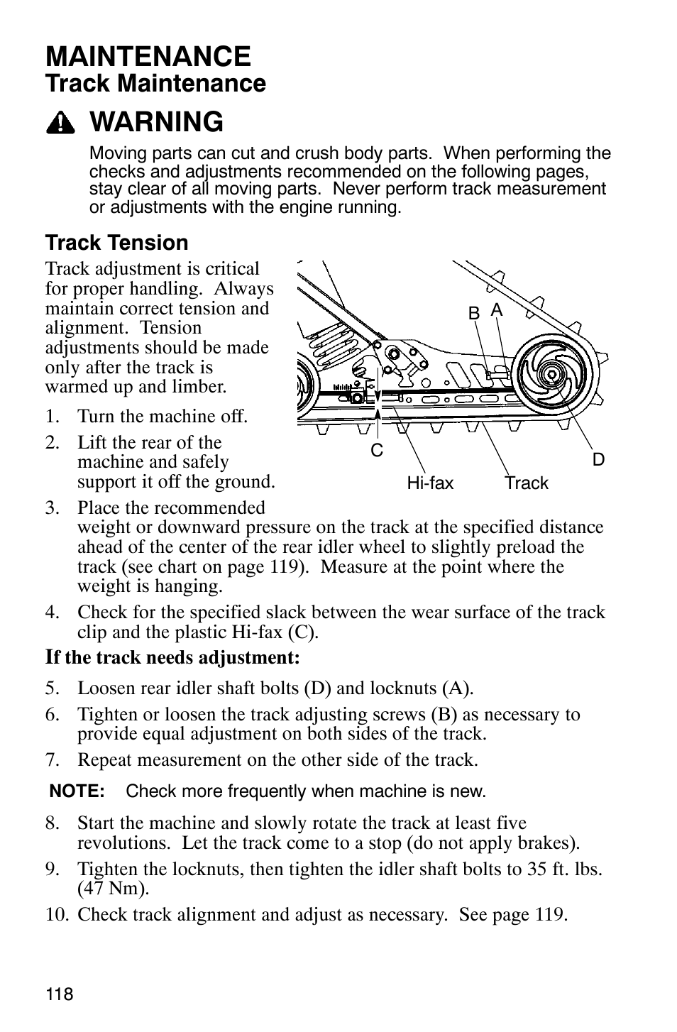 Maintenance, Warning, Track maintenance | Polaris 9919078 User Manual | Page 121 / 150