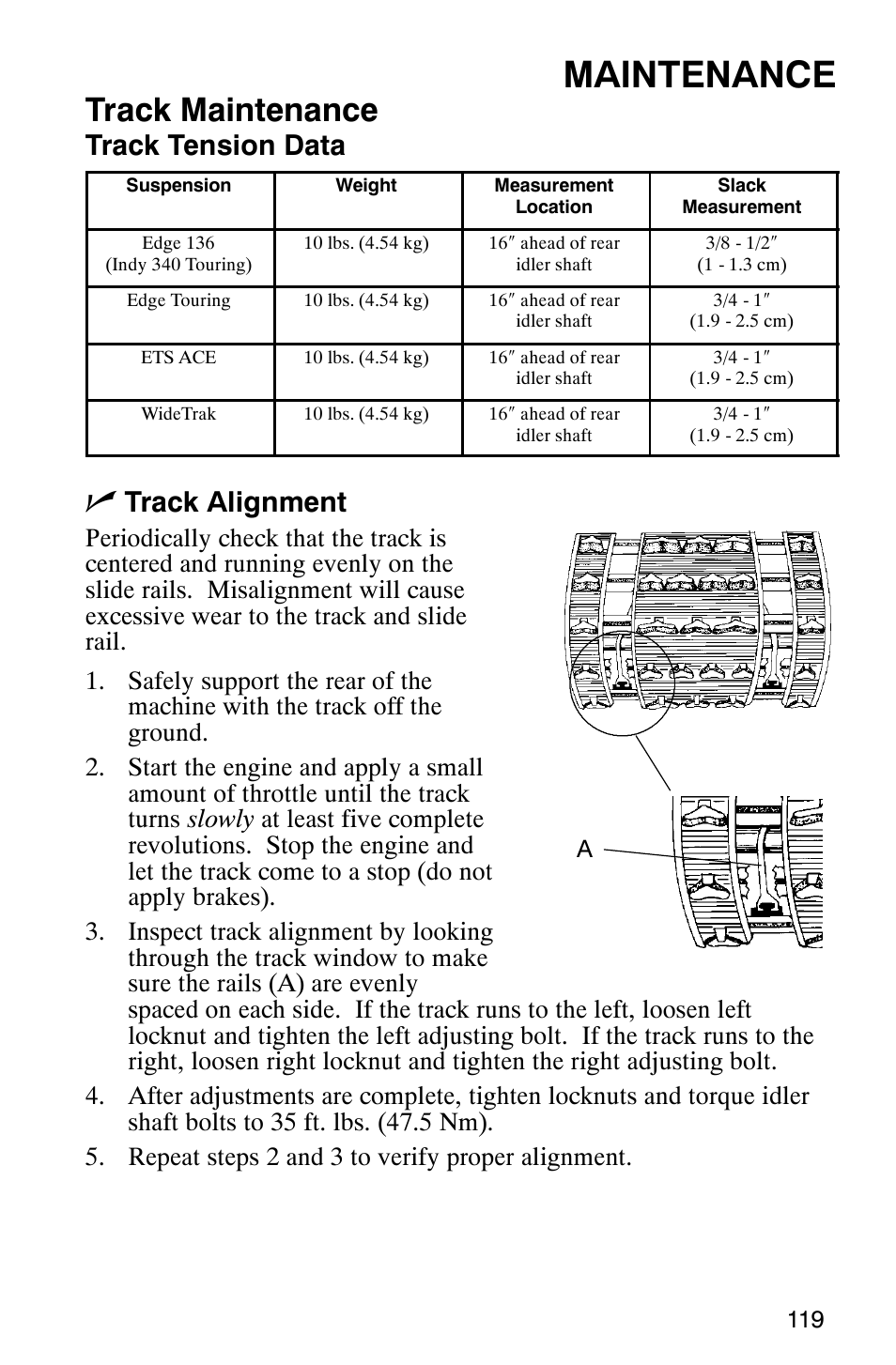 Maintenance, Track maintenance, Track tension data | Track alignment | Polaris 9919078 User Manual | Page 122 / 150