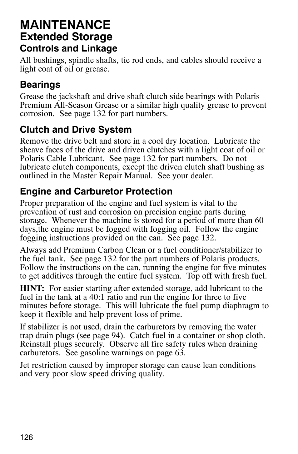 Maintenance, Extended storage | Polaris 9919078 User Manual | Page 129 / 150