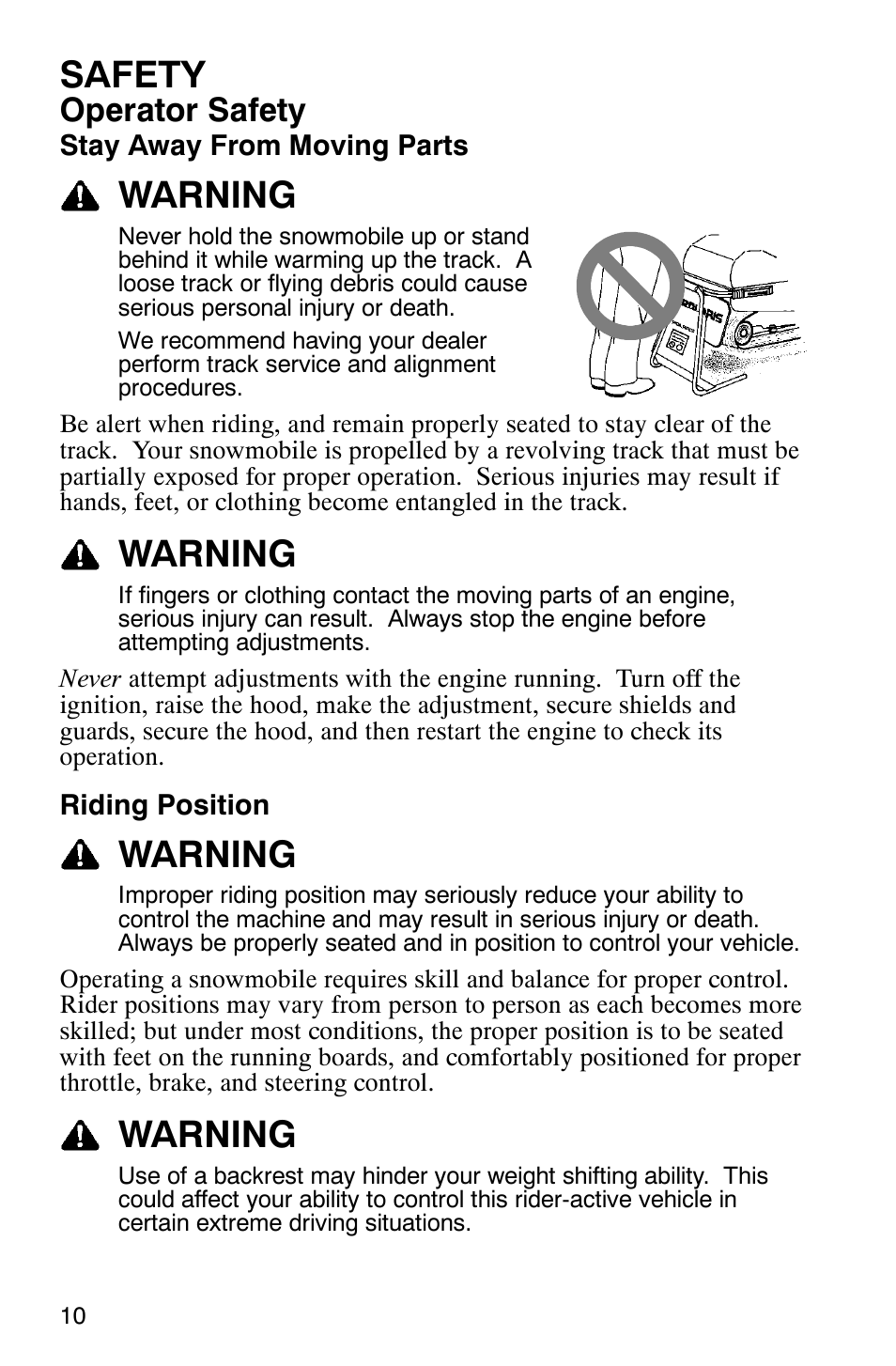 Safety, Warning, Operator safety | Polaris 9919078 User Manual | Page 13 / 150