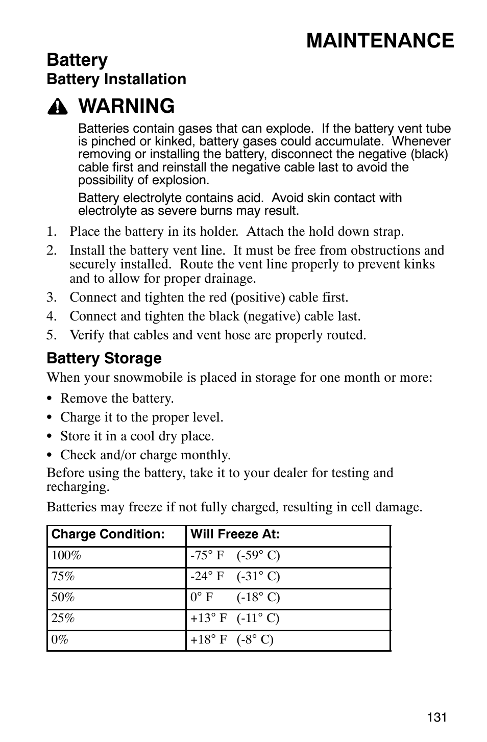 Maintenance, Warning, Battery | Polaris 9919078 User Manual | Page 134 / 150