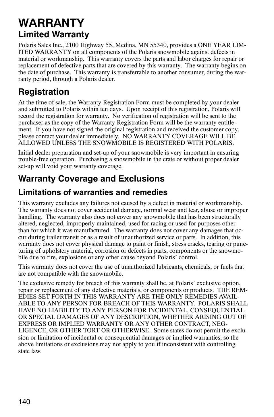 Warranty, Limited warranty, Registration | Warranty coverage and exclusions, Limitations of warranties and remedies | Polaris 9919078 User Manual | Page 143 / 150