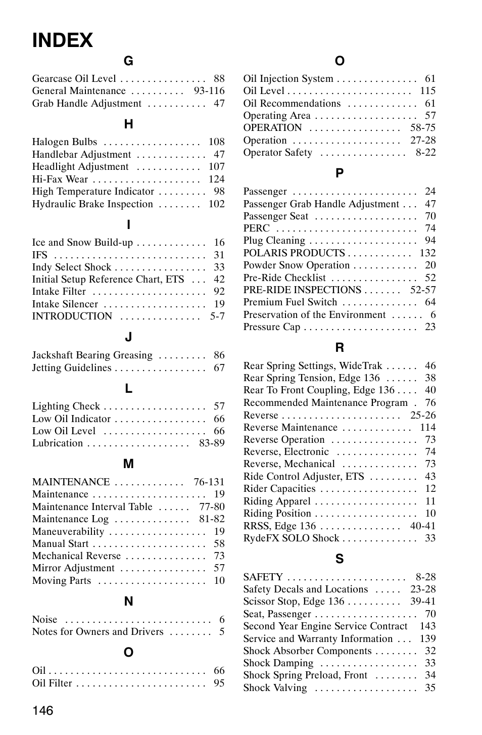 Index | Polaris 9919078 User Manual | Page 149 / 150