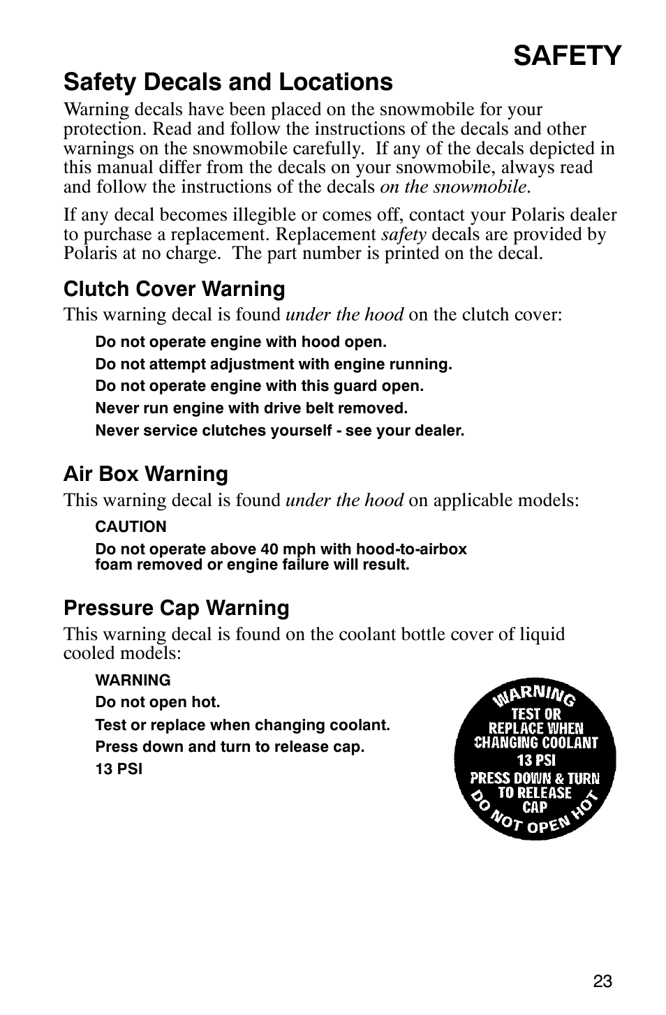 Safety, Safety decals and locations | Polaris 9919078 User Manual | Page 26 / 150