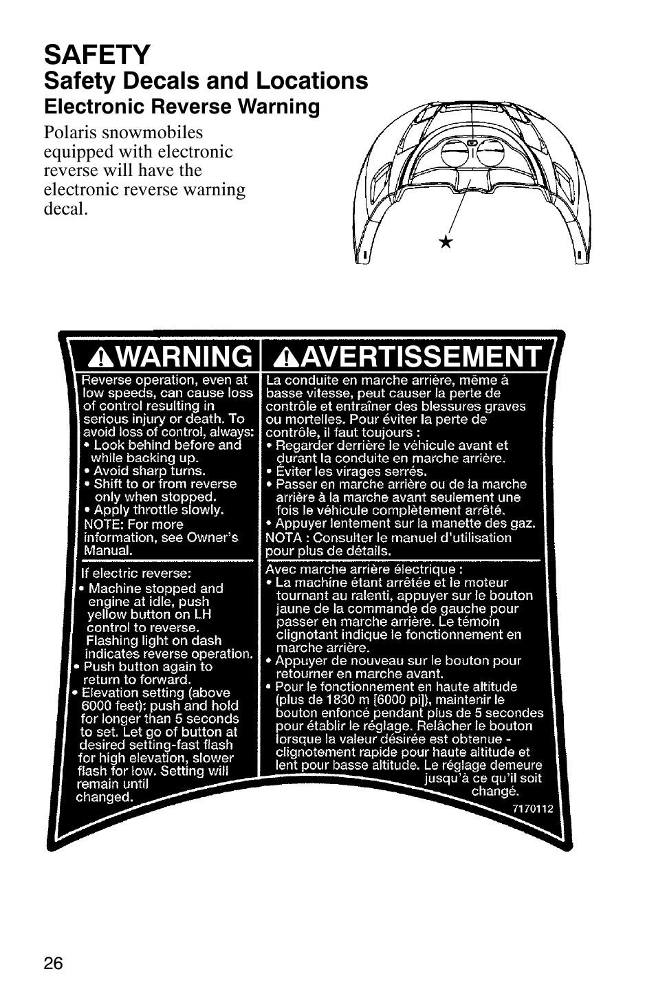 Warning avertissement, Safety, Safety decals and locations | Polaris 9919078 User Manual | Page 29 / 150