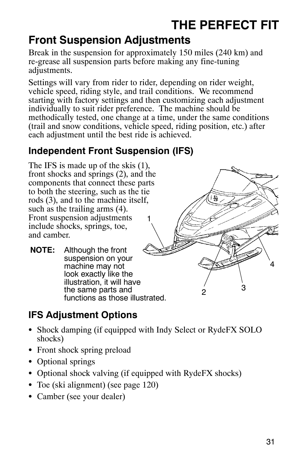 The perfect fit, Front suspension adjustments | Polaris 9919078 User Manual | Page 34 / 150