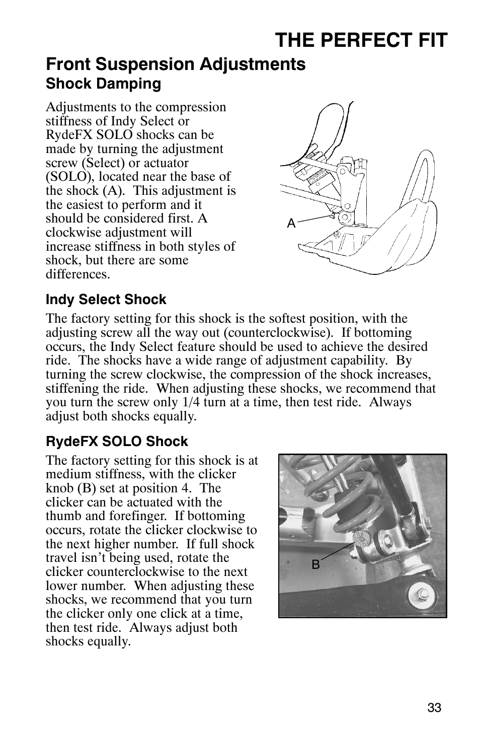 The perfect fit, Front suspension adjustments | Polaris 9919078 User Manual | Page 36 / 150