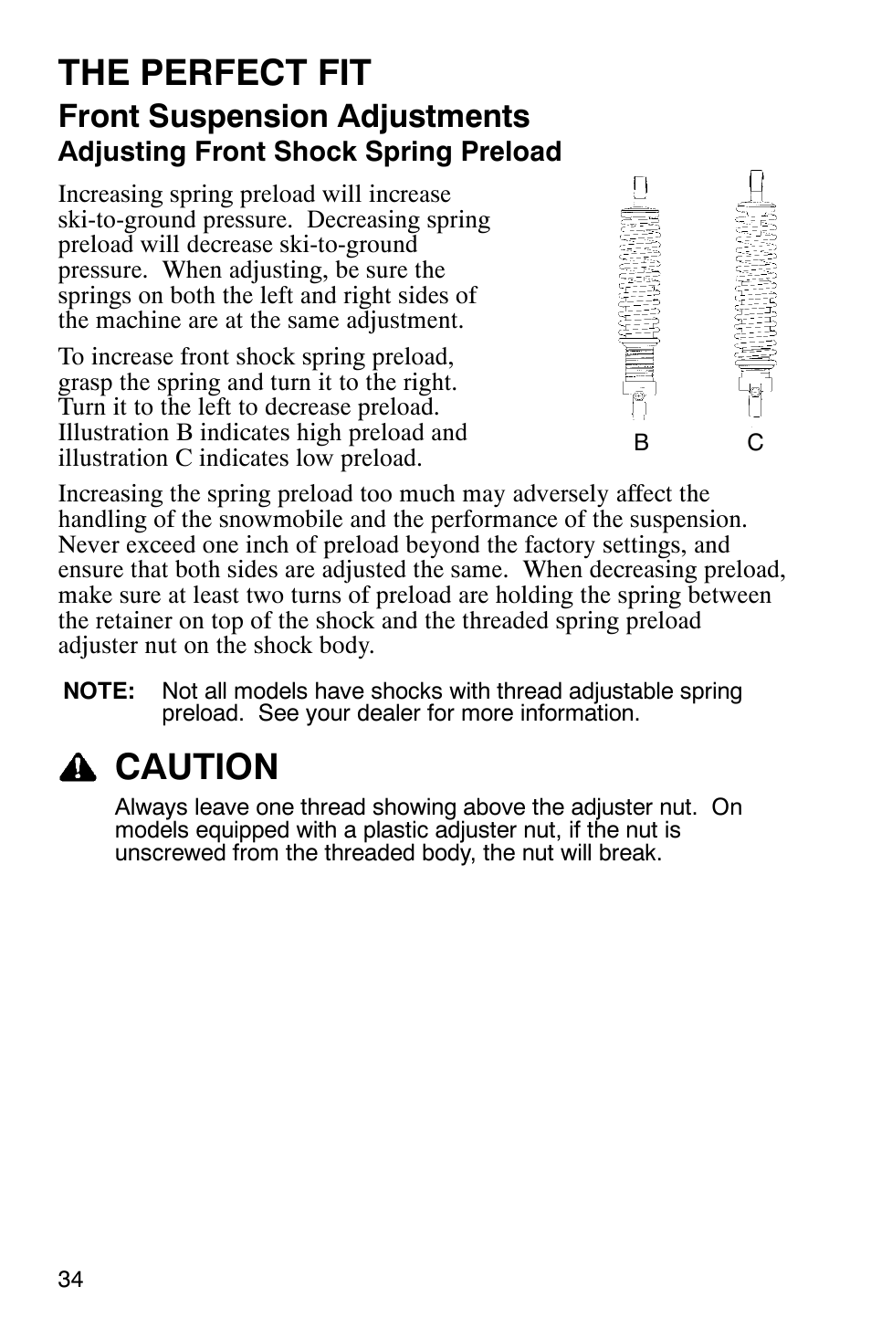 The perfect fit, Caution, Front suspension adjustments | Polaris 9919078 User Manual | Page 37 / 150